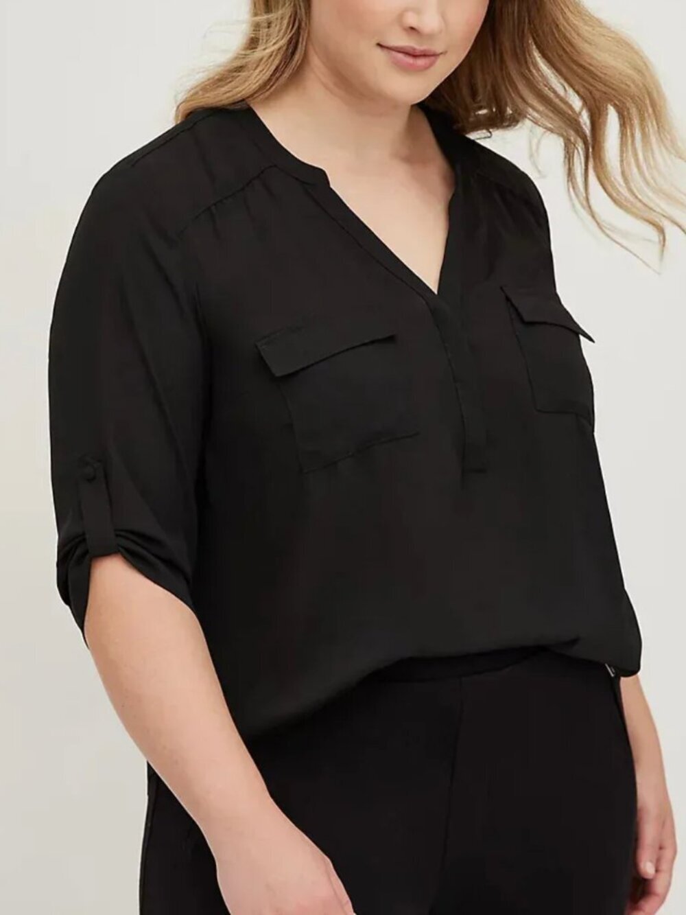 TORRID 0 Plus Size Harper 3/4 Sleeve Pullover Blouse Solid Black Roll Tab Work